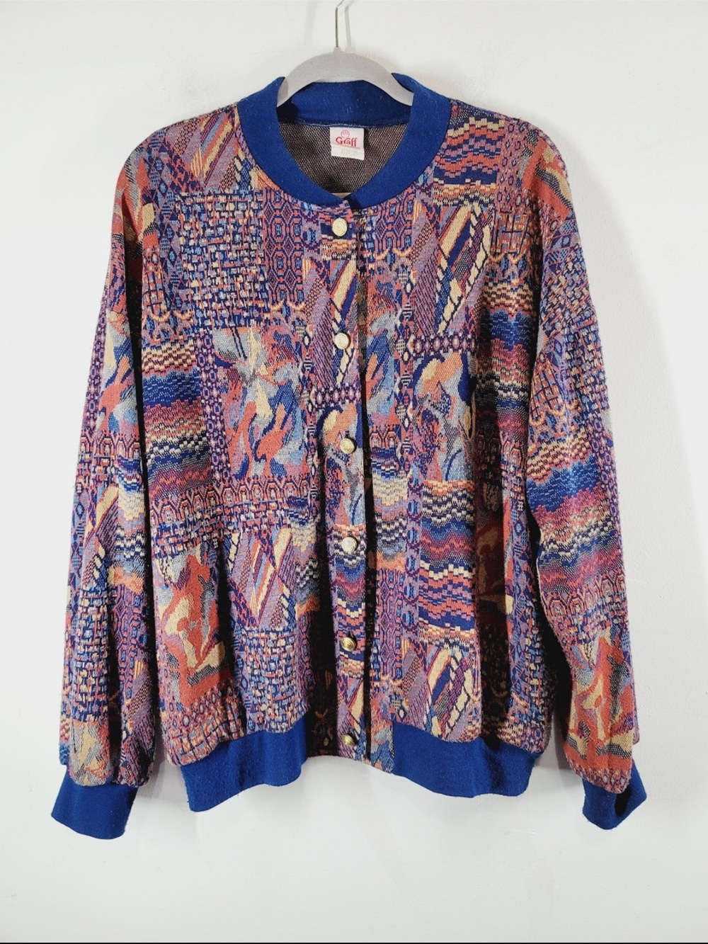 Graff Colorful Knit Button-Up Cardigan with Blue Trim, Size 20